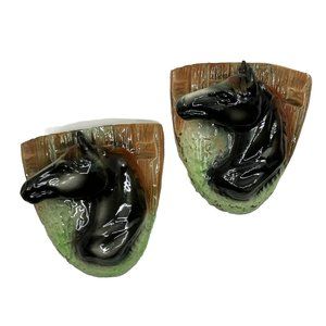 Vintage Elbro Japan Ceramic Horse Head hand Decorated Wall Pocket Set of 2
